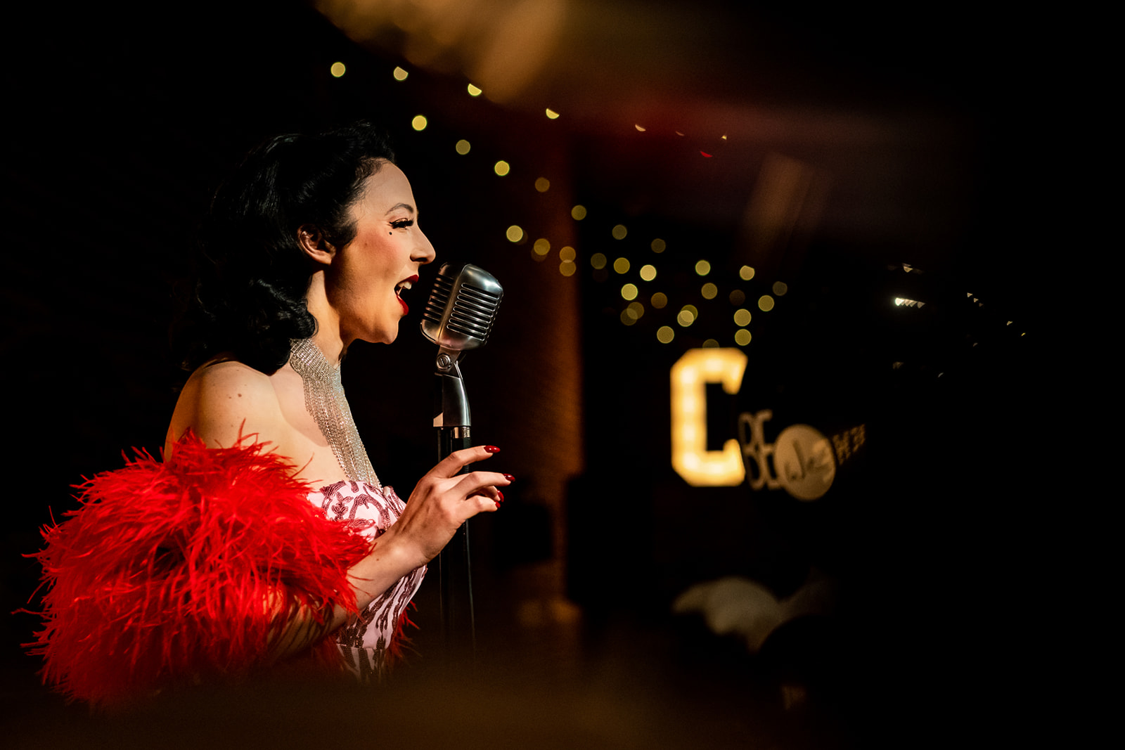 Chanteuse burlesque sur scène à la ferme Bertinchamps d'Ophain avec micro oldschool, reportage d'entreprise